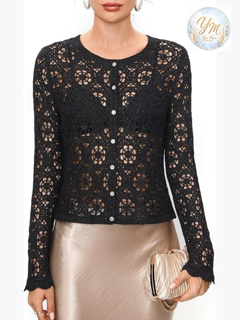 Women's Crochet Cardigan With Golden Thread, Cropped Openwork Knit Sweater